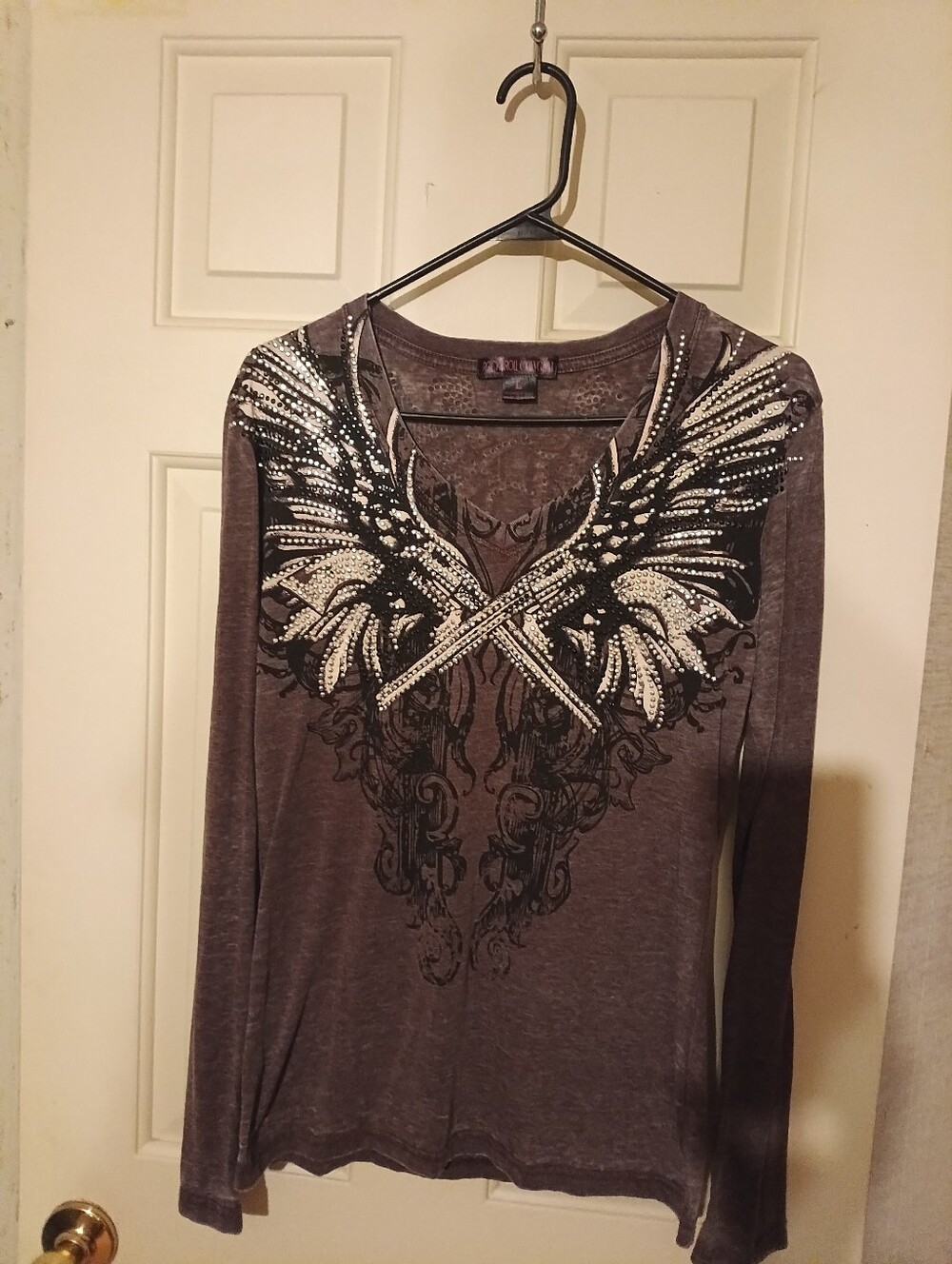 ROCK&ROLL COWGIRL Large Longsleeved Shirt Wings\Gun Blinged Out 🪽 Large